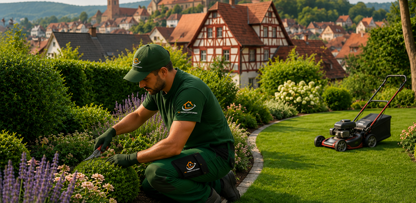 Mitarbeiter von MK Dienstleistungen bei der professionellen Gartenpflege in einem gepflegten Garten mit fränkischer Stadtkulisse im Hintergrund